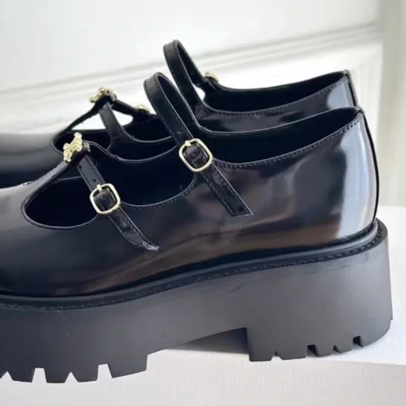 Celine Black Patent Double-Strap Mary Jane Loafers with Gold Triomphe - Picture 4 of 4